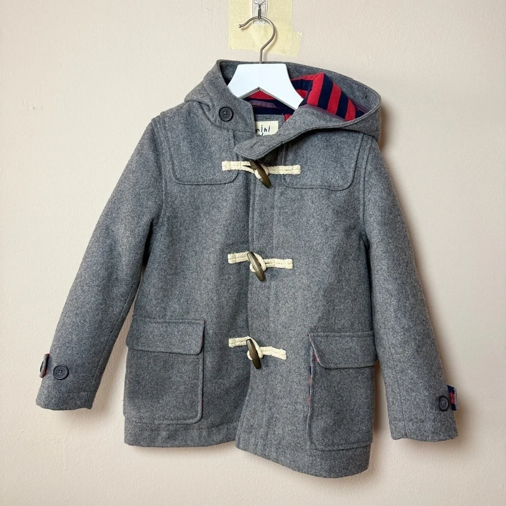 Boden Kids Gray Hooded Toggle Button and Zip Wool Lined Pea Coat. 4/5